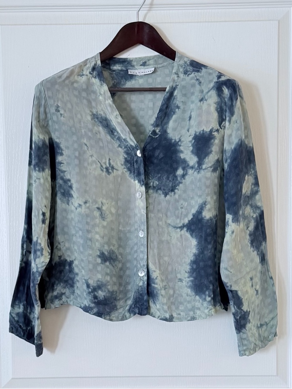 bryn Walker Blue and Sage Tie-Dye Button-Down Top